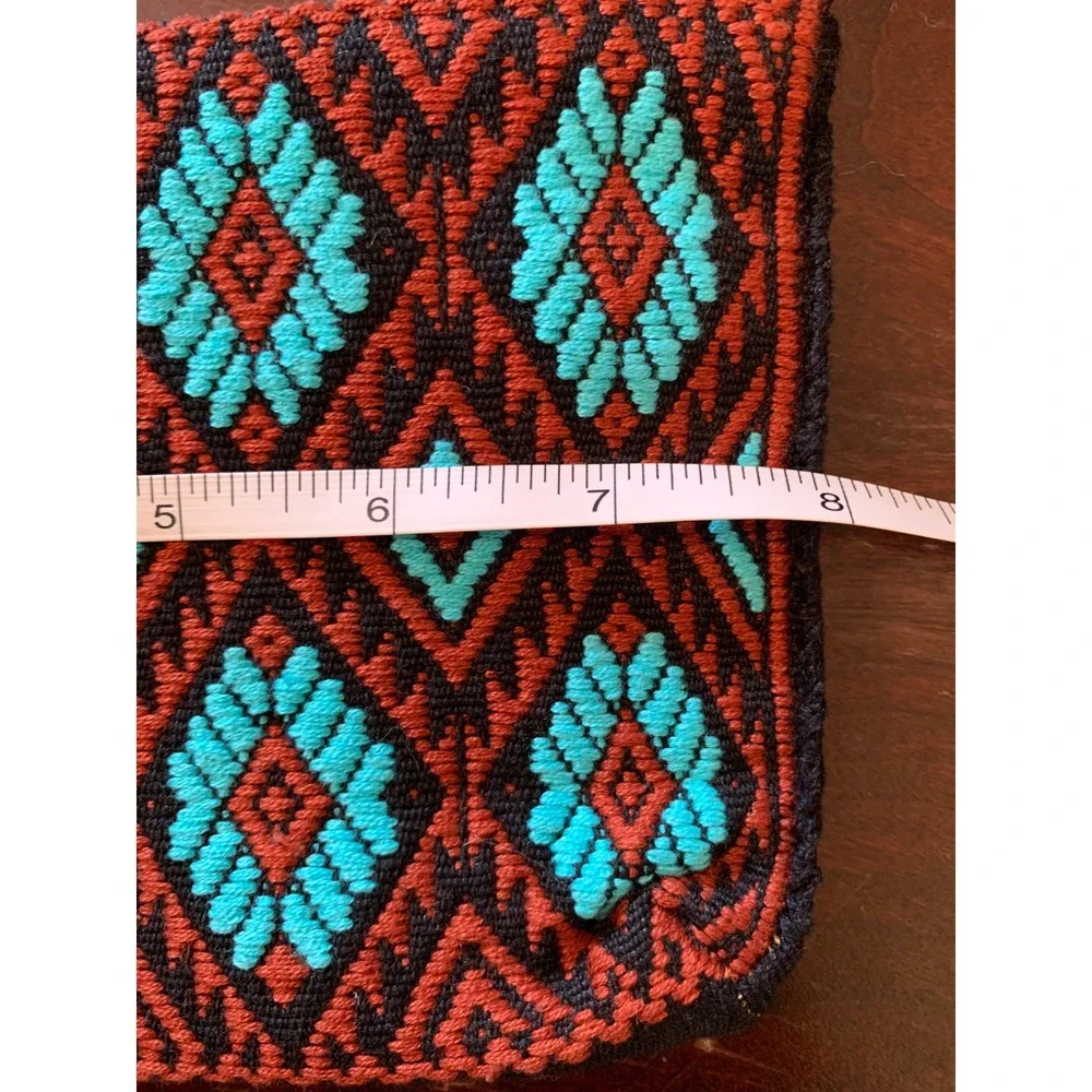 Handmade Embroidered Boho Crossbody Bag Black Turquoise Geometric Tassel